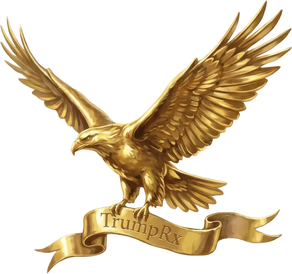 Majestic golden eagle with powerful spread wings, sharp talons gripping a flowing gold banner, banner inscribed with 'TrumpRx' in elegant serif font